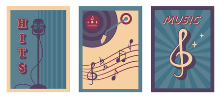 Retro music poster. Set of vintage background with musical disc, notes, microphone, lettering. Vector illustration for banner, flyer, placard, disco party, festival, invitation, advertising.のイラスト素材