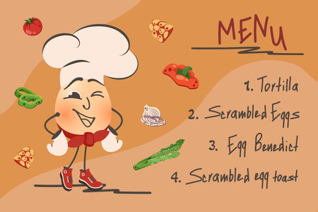 Cute funny egg invites to breakfast. Egg dishes with vegetables. Cook's character advertises menu. Healthy food concept. Vector cartoon illustration for poster, menu, cafe, restaurant, snack bar, card, bannerのイラスト素材