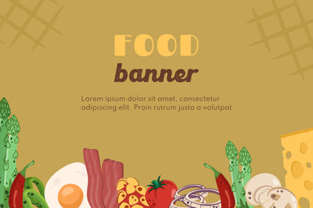 Horizontal background with different vegetables, egg, bacon, mushrooms for breakfast meals, dinner, snack. Hearty wholesome food. Vector illustration for restaurant menu, advertisement, bannerのイラスト素材