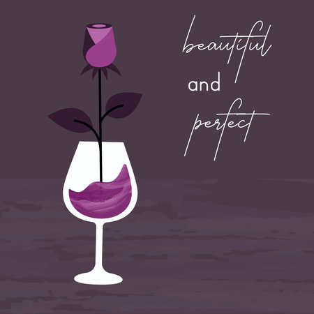 Elegant trendy card with glass of wine, beautiful rose. Minimalistic modern composition, lettering. Vector illustration for for Valentine's day, holidays, gift, romantic dinner, party, wedding, datingのイラスト素材