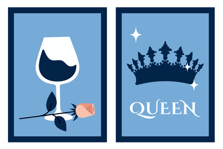 Trendy fashion cards with royal crown, glass of wine, cocktail, rose. Collection of modern posters. Vector flat illustration for Valentine's day, holidays, gift, romantic dinner, party, widdingのイラスト素材