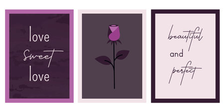 Collection of elegant trendy lettering and beautiful rose. Fashion modern posters. Vector illustration for Valentine's day, holidays, gift, romantic dinner, party, wedding, datingのイラスト素材
