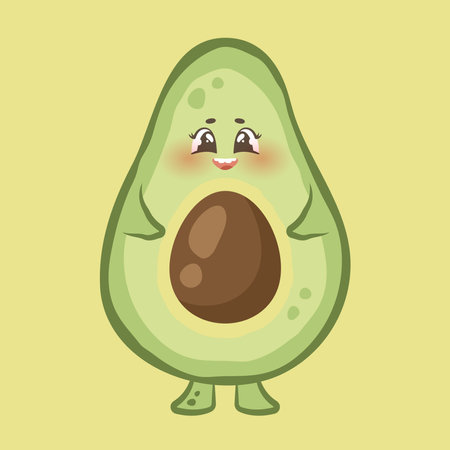 Funny cartoon avocado isolated on yellow background. Comic cute character with happy face. Kawaii avocado with pit. Exotic fruit. Vector illustrationのイラスト素材