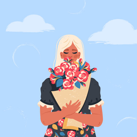 Beautiful woman  in flower dress holding bouquet of blooming roses. Beauty, fashion face portrait. Love, beauty concept. Vector flat illustration for gift, greeting card, Women's day, Valentine's Dayのイラスト素材