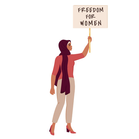 Women's rights. Iranian woman protest. Arabic woman in hijab and fashion clothes holding placard with teext. Concept of unity, freedom, discrimination. Muslim asian female character isolated. Vectorのイラスト素材