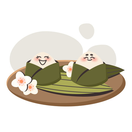 Asian food onigiri. Rice balls with nori. Cartoon happy character. Traditional Japanese dish. Doodle drawn vector illustration for menu, poster, flyer, banner, cooking conceptのイラスト素材