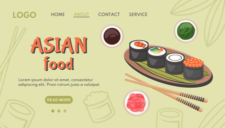 Asian food banner. Traditional Japanese dish with kawaii nigiri sushi, chopsticks, sauce, vassabi.  Vector background with silhouette of sushi maki for oriental menu delivery, cooking conceptのイラスト素材