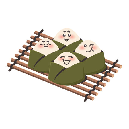 Asian food onigiri. Rice balls with nori. Funny cartoon characters with different emotions. Doodle drawn vector illustration for menu, poster, flyer, banner, cooking conceptのイラスト素材