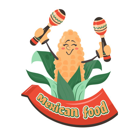 Cartoon comic character corn with maracas. Mexican food text on frame. Doodle drawn vector illustration for dishes, menu, poster, flyer, banner, delivery, cooking conceptのイラスト素材