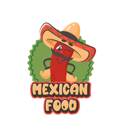 Cartoon comic character chilli pepper with sombrero. Mexican food text. Doodle drawn vector illustration for dishes, menu, poster, flyer, banner, delivery, cooking conceptのイラスト素材