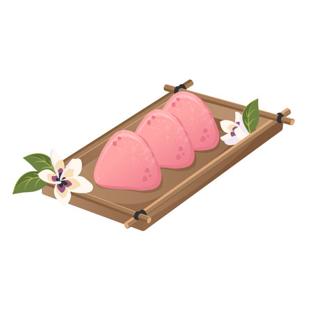 Pink Mochi with sakura blossoms on wooden tray.Tasty Japanese rice dish with fruit filling. Vector flat drawn illustration for restaurant dishes, menu, dessert, cooking conceptのイラスト素材
