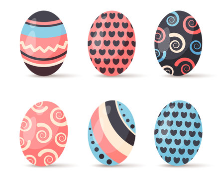 Set of color abstract Easter eggs isolated on white background. Holiday seasonal symbol with color ornaments. Festive dyed egg decorated. Vector flat illustration for religious holiday, cardのイラスト素材