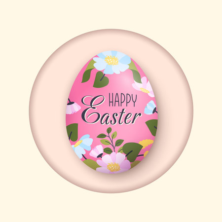 Happy easter greeting card. Pink floral Easter egg isolated. Holiday religious symbol with flower ornament for spring holiday. Festive dyed egg decorated wildflower pattern. Vector flat illustrationのイラスト素材
