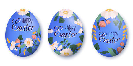 Happy easter. Set of blue floral Easter eggs isolated. Holiday seasonal religious symbol with flower ornament for spring holiday. Festive dyed egg decorated flower pattern. Vector flat illustrationのイラスト素材