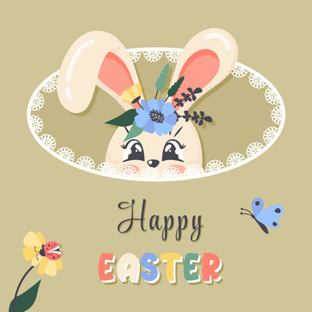 Happy Easter greeting card. Cute bunny face with wildfloral wreath on head, ladybug, butterfly. Vector cartoon flat illustration for religious holiday, banner, posterのイラスト素材