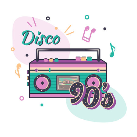 Pink music player with color light loudspeakers and cassette. Clipart of retro tape recorder, notes, text disco 90s. Vector cartoon flat illustration for banner, poster, coverのイラスト素材