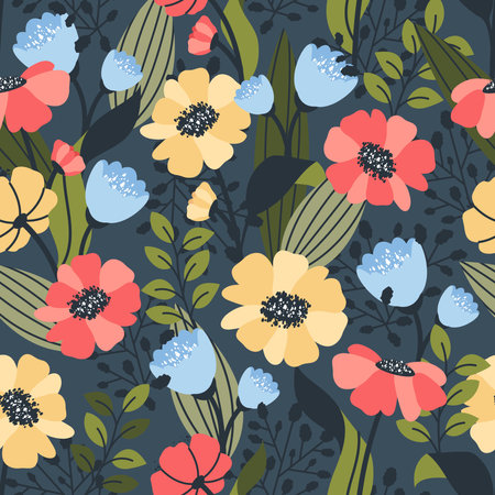 Nature seamless pattern with blooming wildflowers, green leaves, grass. Beautiful colorful background for wrapping paper, cover, fabric, interior decor, print, wallpaper, web. Vector illustrationのイラスト素材
