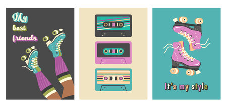 Trendy retro poster in 90s, 80s, 70s style. Young Woman rollerblading. Roller skates, cassettes. Vintage old school hand drawn design. Vector flat illustration for print, web, holiday, partyのイラスト素材
