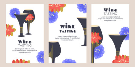 Set of poster, flyer for wine tasting with wineglasses and cocktail glass. Wine event. Trendy glasses with flower decor. Vector illustration for invitation, winery bar, restaurant, wine house, partyのイラスト素材