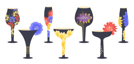 Set of modern creative glasses isolated. Wineglasses and cocktail glass with flower decor. taste of aromatic wine concept. Vector for label for wine, winery, bar, restaurant, wine house, logoのイラスト素材