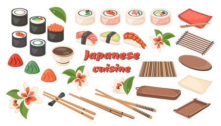 Set of Asian Traditional food isolated. Japanese rolls, sushi maki with fish, shrimp, seafood. National dish closeup with chopsticks, wooden tray. Cooking concept. Vector flat illustration for menuのイラスト素材