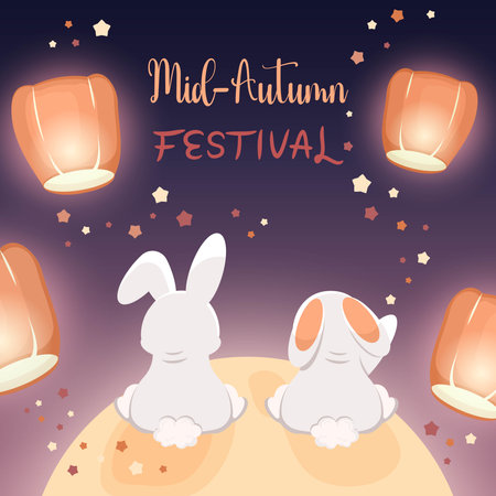 Greeting card with text for Mid-Autumn Festival. Cute bunnies sitting on moon and looking at Chinese lanterns, stars. Asian traditional elements for festive decoration mooncake holiday. Vector flat cartoon illustrationのイラスト素材