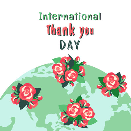 Thank you Day. Greeting card with globe, flowers, lettering.  Background of earth as an international holiday concept. Design for postcard, banner, poster.Vector illustration in cartoon style.のイラスト素材
