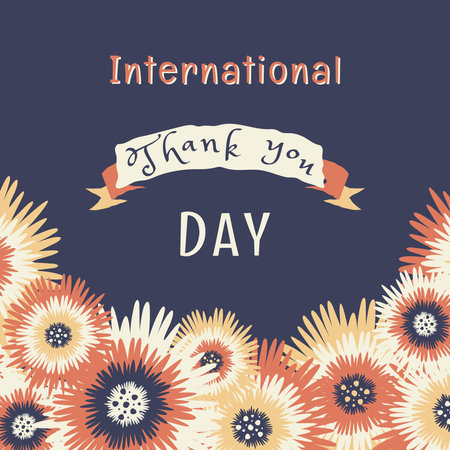 International Thank you Day. Background with Colorful flowers, leaves, ribbon and lettering. Design for postcard, banner, poster. Congratulations concept. Vector illustration in retro styleのイラスト素材