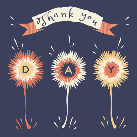 International Thank you Day. Background with Colorful flowers, leaves, ribbon and lettering. Design for postcard, banner, poster. Congratulations concept. Vector illustration in retro styleのイラスト素材