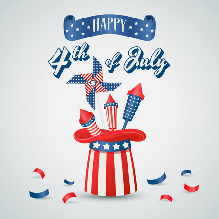 American 4th of July. Independence day. Realistic banner. Holiday celebration vintage background with national elements. Vector illustration for poster, flyer, party decorationのイラスト素材