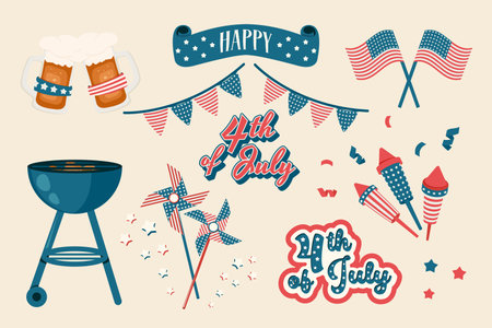 4th of July barbecue. Set of American national elements, text, hat, fireworks, bbq, flag, sparkles, picnic. Vector retro illustration for banner, poster, flyer, party decoration, holiday celebrationのイラスト素材