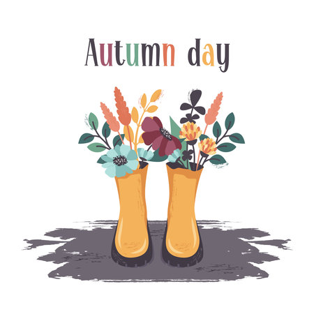 Autumn Flowers in rubber wellies. Hand drawn doodle floral elements in yellow shoes. Fall bouquets, leaves, nature season. Vector flat illustration for invitation, greeting card, social media postのイラスト素材