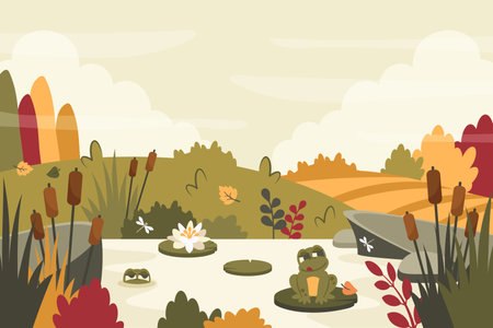Autumn background. Fall landscape with field, yellow meadow, river, frog, reed, stone, water lilies in a pond. Nature template. Vector cartoon illustration for banner, poster, cover, greeting cardのイラスト素材