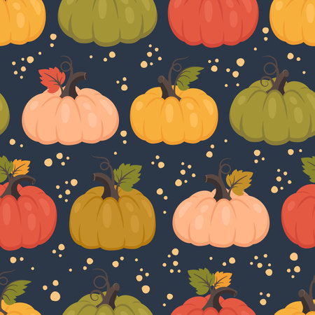 Pumpkin seamless pattern. Autumn background with different color ripe pumpkin, leaves, bubbles. Thanksgiving day. Seasonal harvest. Vector illustration for wallpapers, textile, wrapping paperのイラスト素材