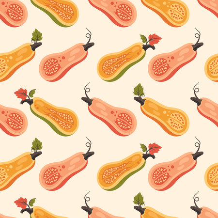 Pumpkin seamless pattern. Autumn background with half of pumpkin, leaves, pulp, seeds. Thanksgiving day. Seasonal harvest. Vector illustration for wallpapers, textile, wrapping paper, printのイラスト素材