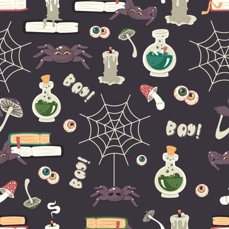 Happy Halloween. Seamless pattern with hand drawn spell book, spider, magic potion, candle, poisonous mushroom, spooky eyes. Autumn holiday. Printable texture background. Vector Cartoon illustrationのイラスト素材