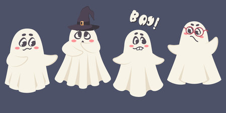 Happy Halloween. Cute Hand drawn doodle ghosts. Set of funny phantom characters with different emotions. Comic monsters in witch's hat, glasses. Vector cartoon illustration for Halloween partyのイラスト素材