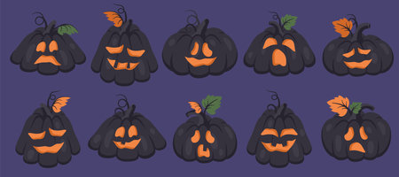 Halloween pumpkin. Set of creepy Hand drawn characters with different emotions and faces. Black angry monsters. Vector cartoon illustration for Halloween party, holiday decotation, celebration designのイラスト素材