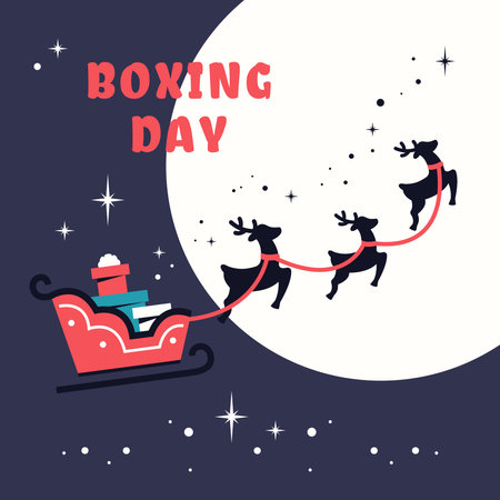Delivery Gift box by Traditional sleigh and reindeers. Boxing Day. Christmas presents. Delivering package and box in Santa sleigh. Vector illustrationのイラスト素材