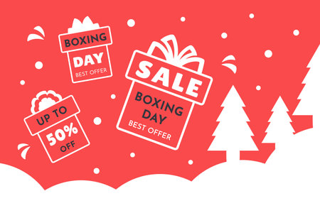 Boxing Day. Present boxes, discount, price off. Winter Background. Big Modern banner for shopping event promotion, sale, advertisement. Vector illustration for winter holiday, New Year, webのイラスト素材