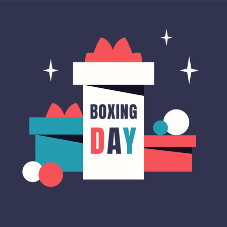 Boxing Day. Modern simple cartoon card with gift boxes. Present boxes, Christmas elements in minimalistic style.  Vector illustration for winter holiday, New Year, discount, webのイラスト素材