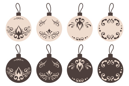 Christmas ball isolated. Set of hand drawn Vintage Holiday toys for Christmas tree. different elements with luxury elegant ornament. Vector flat illustration for greeting card, print, invitationsのイラスト素材