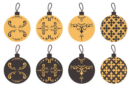 Set of Vintage Christmas balls. Doodle yellow round toys for Christmas tree. Holiday elements with luxury antique elegant ornament. Vector flat illustration for greeting card, print, invitationsのイラスト素材