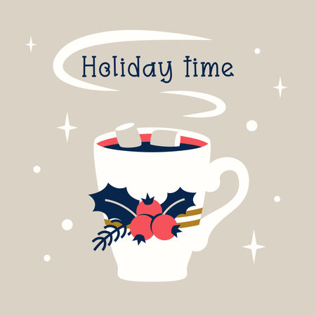 Christmas card. Hot  tea cup wrapped in knit scarf. Tasty cocoa, latte, cappuccino, decorated with Spruce, holly, berries. Winter season warm sweet beverage with marshmallows. Vector flat illustrationのイラスト素材
