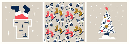 Set of Christmas cards. Santa climbs through chimney. Classic Christmas gift delivery. Modern...