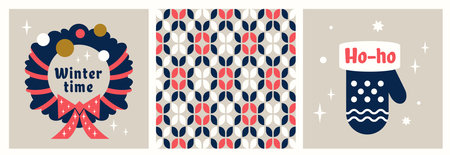 Christmas cards Set. Minimalist Festive wreath decorated riibbon, bow, balls. Traditional knitting pattern closeup. Warm knitted mittens. Vector flat illustration for banner, winter backgroundのイラスト素材