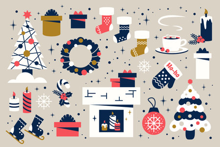 Happy New Year. Christmas decorations set. Festive tree, gif boxes, fireplace, sweet candy cane, Christmas socks, fireplace, skates. Modern stuff bundle for winter holiday, stickers. Vectorのイラスト素材