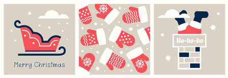 Set of Christmas cards. Minimalist winter elements. Red warm knitted mittens, festive sleigh. Santa climbs through chimney. Traditional Christmas gift delivery concept. Vector flat illustrationのイラスト素材