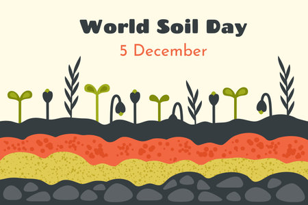 World soil day. Different Ground cross sections. Natural soil, sand, clay, stones, plants, flowers. Soil and Environment protection concept. Vector cartoon flat illustration for banner, posterのイラスト素材