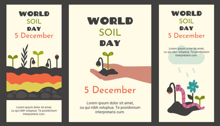 World soil day poster. Human hand holding ground with young fresh shoots. Various ground cross layers. Cute pink earthworm crawling in ground and cleaning soil. Vectorのイラスト素材